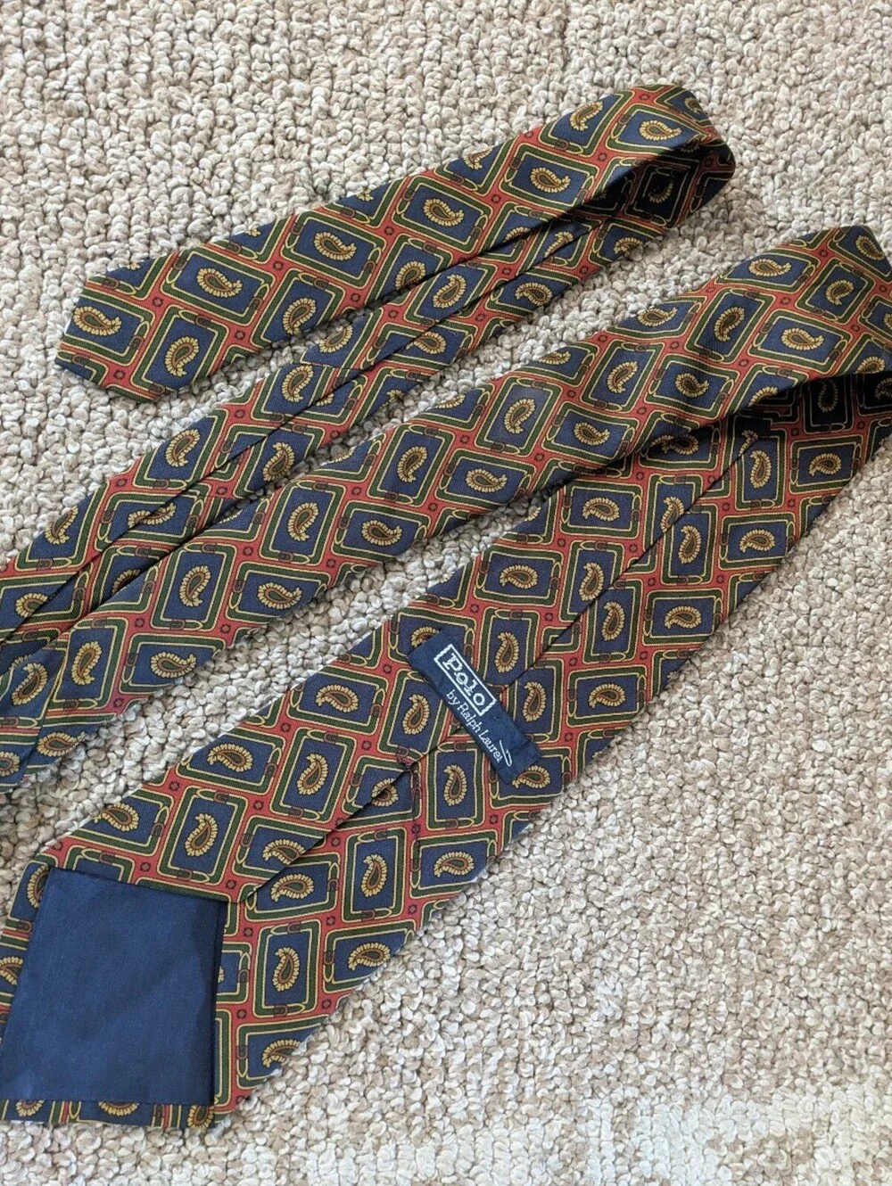Polo Ralph Lauren Vintage Silk Tie Navy Red Gold Paisley Geometric Medallions